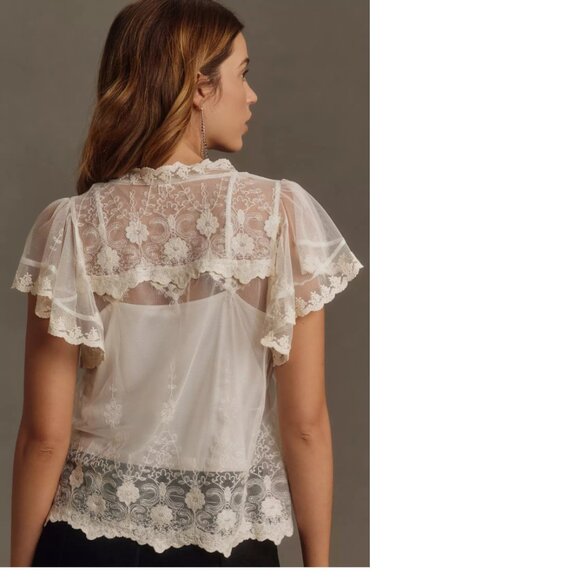By Anthropologie Embroidered Flutter-Sleeve Top size M new nwt ivory color - Picture 2 of 9